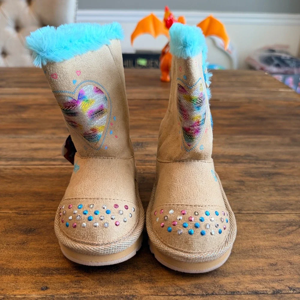 Skechers Twinkle‎ Toes Kids Light Up Boots Tan Turquoise Heart 10402N Size 6 NEW